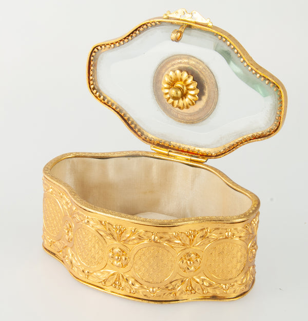 Caja joyero Art Nouveau de metal con cristal biselado y acolchado capitoné