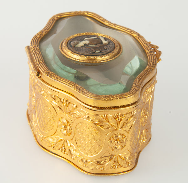 Caja joyero Art Nouveau de metal con cristal biselado y acolchado capitoné