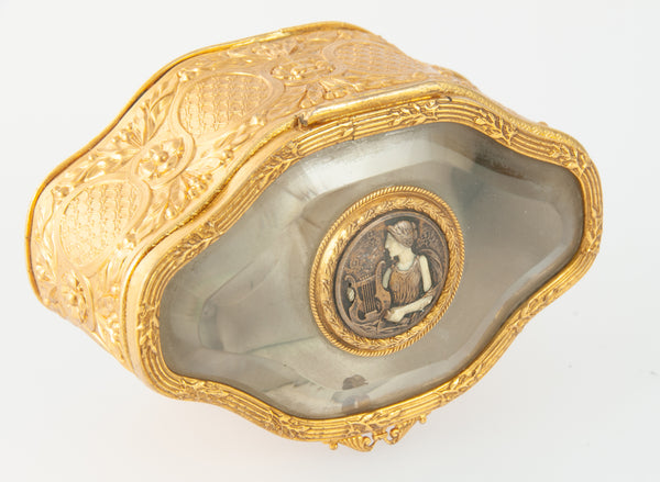 Caja joyero Art Nouveau de metal con cristal biselado y acolchado capitoné