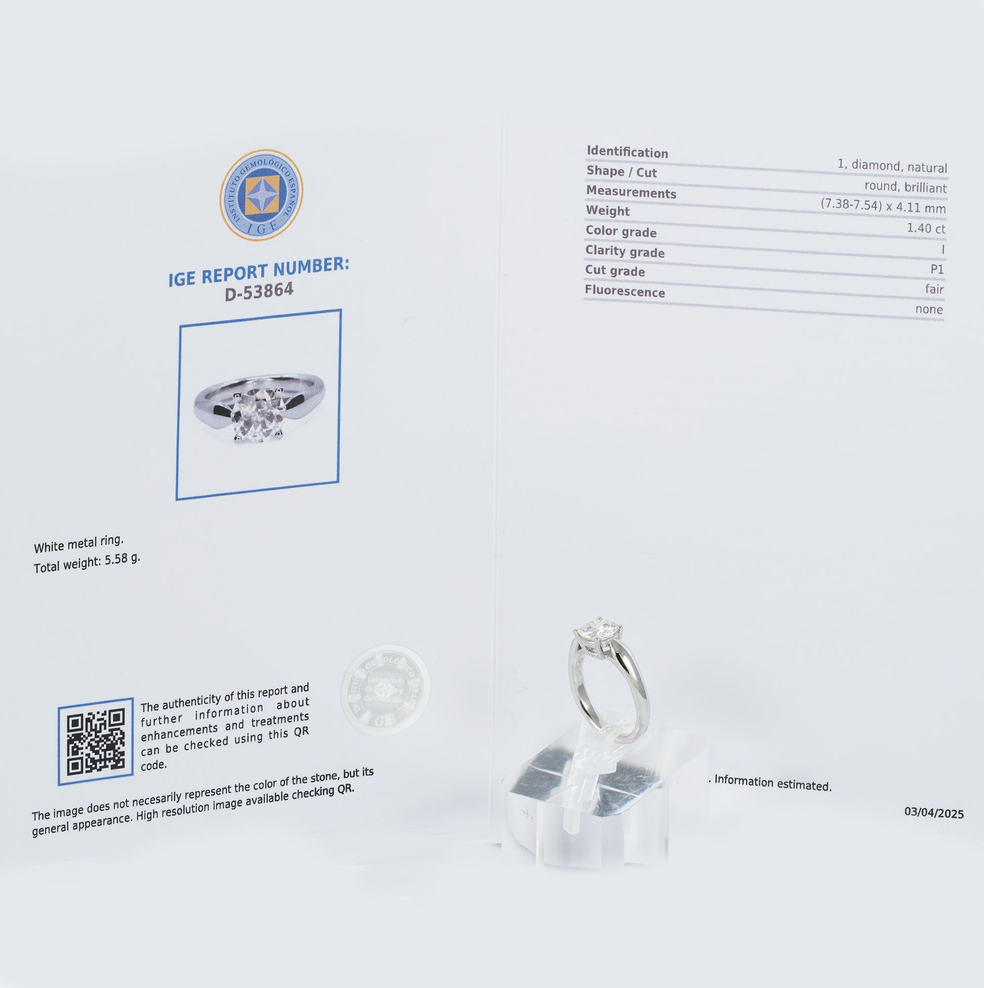 Anillo en oro blanco 18k con diamante 1.40 ct