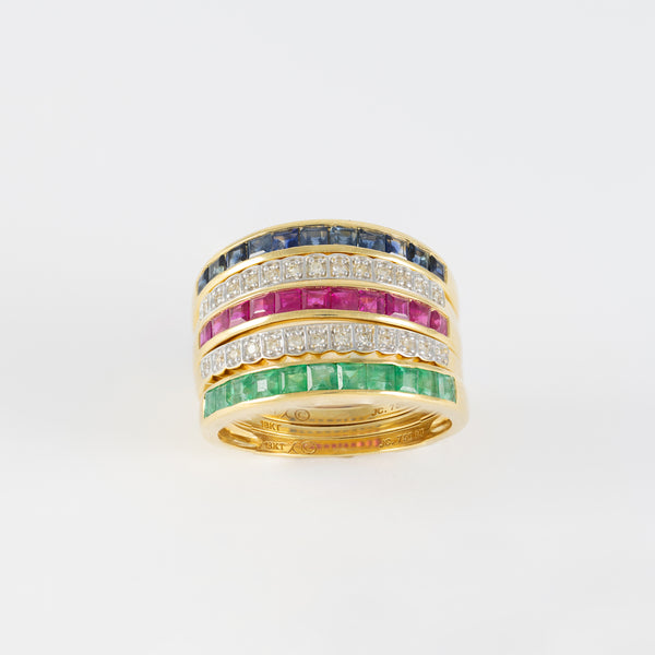 Anillo Infinity en oro amarillo 18k con diamantes zafiros rubíes y esmeraldas