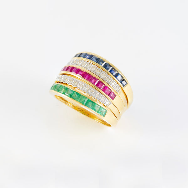 Anillo Infinity en oro amarillo 18k con diamantes zafiros rubíes y esmeraldas