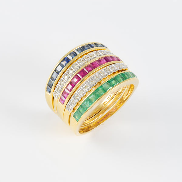 Anillo Infinity en oro amarillo 18k con diamantes zafiros rubíes y esmeraldas