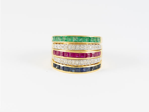 Anillo Infinity en oro amarillo 18k con diamantes zafiros rubíes y esmeraldas