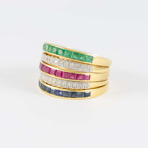 Anillo Infinity en oro amarillo 18k con diamantes zafiros rubíes y esmeraldas