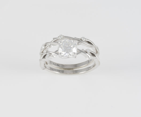 Conjunto de anillo de compromiso y alianza de boda en oro blanco 14k con moissanita 1 ct