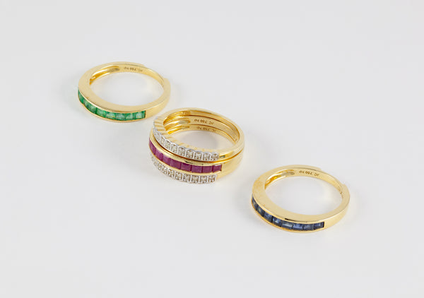 Anillo Infinity en oro amarillo 18k con diamantes zafiros rubíes y esmeraldas