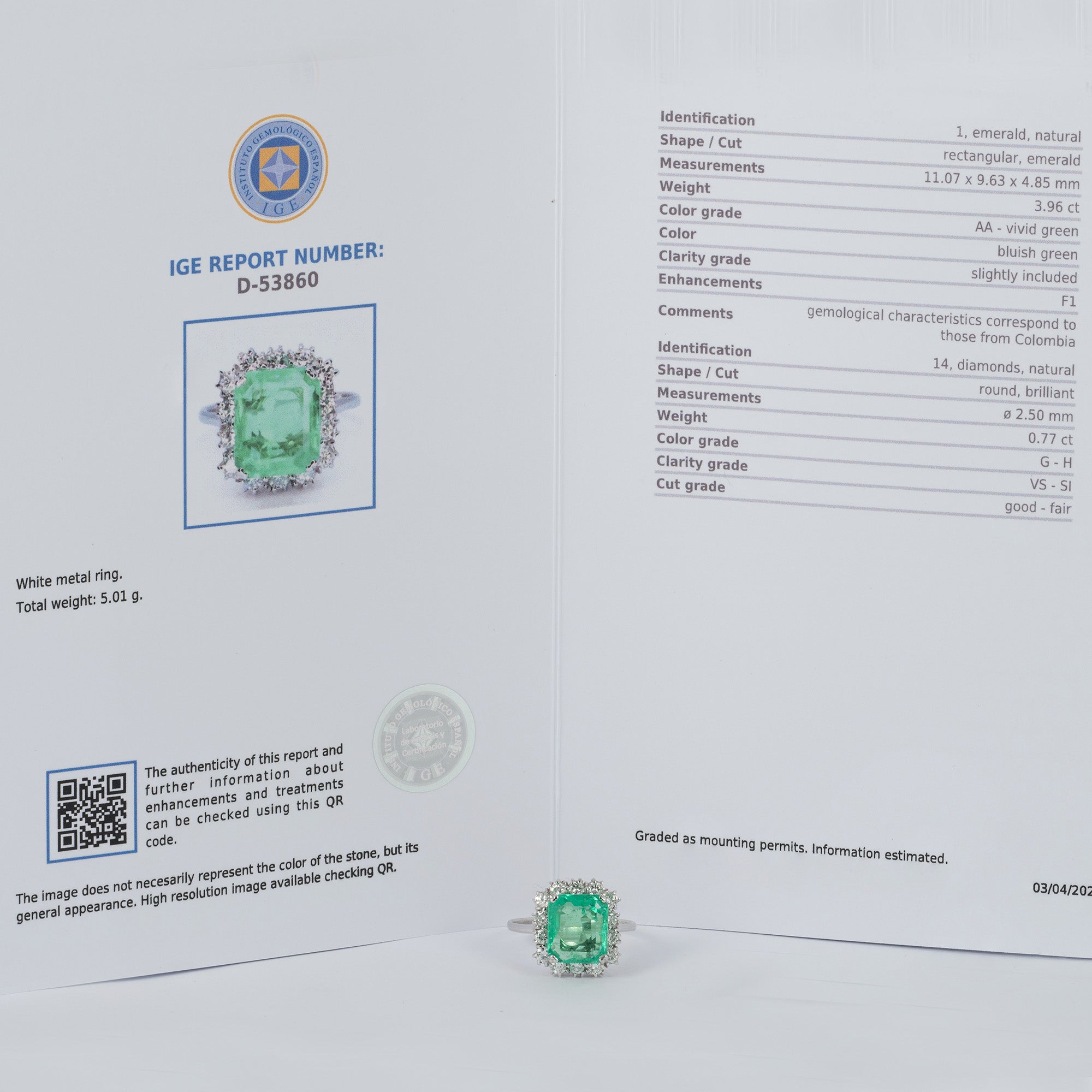 Anillo en oro blanco 18k con esmeralda 3.96 ct y diamantes