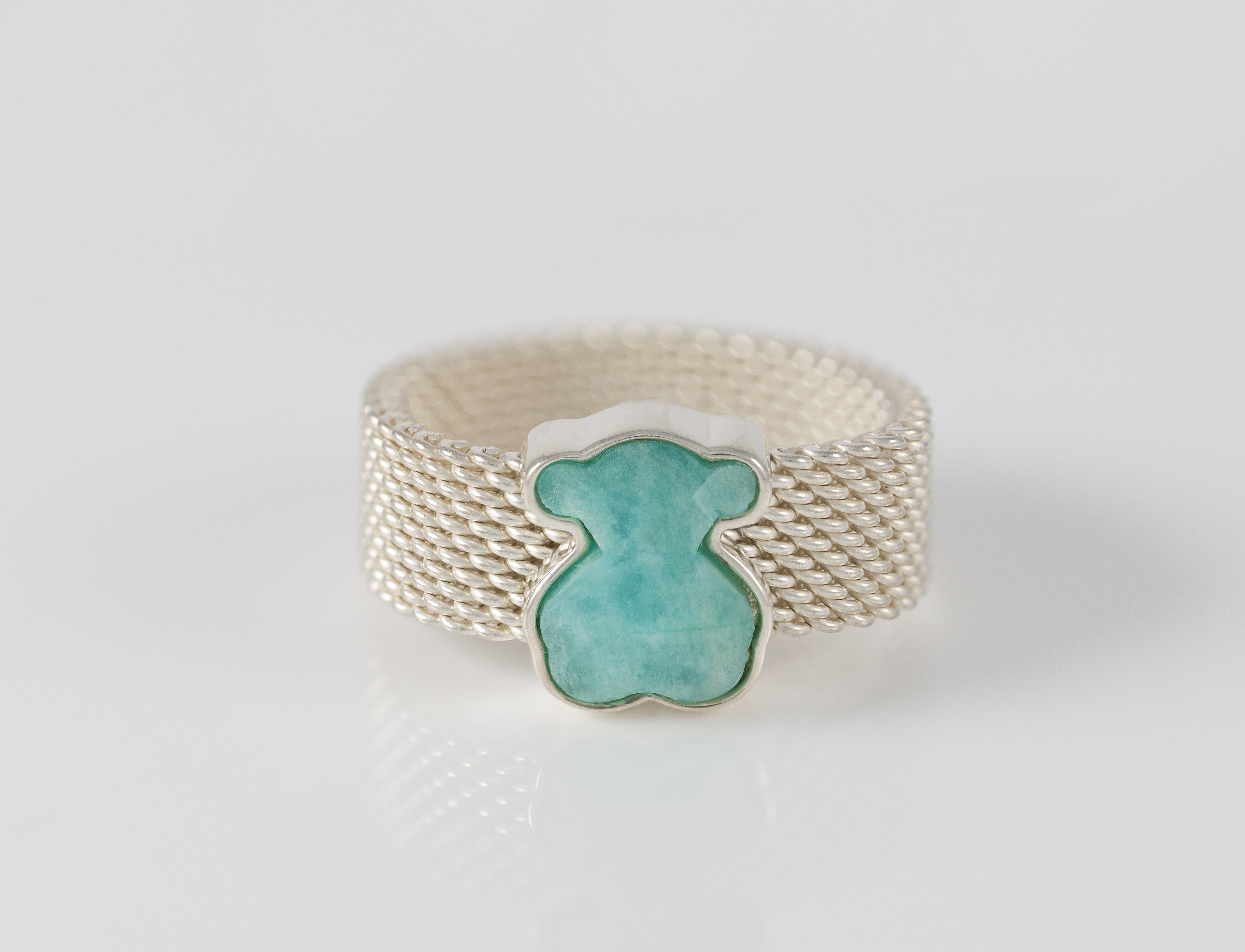 Anillo Tous en plata 925 y amazonita facetada motivo oso Mesh Color