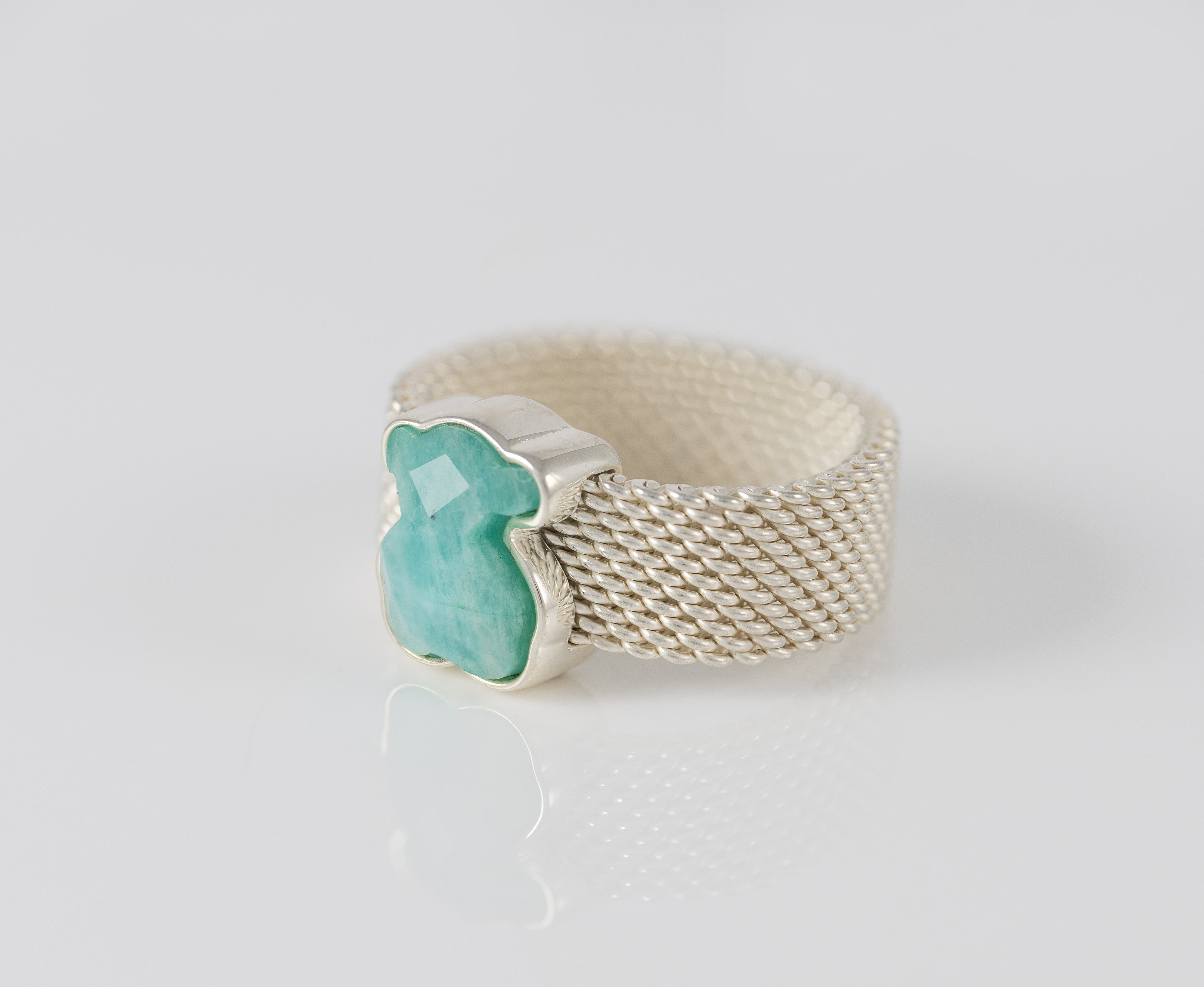 Anillo Tous en plata 925 y amazonita facetada motivo oso Mesh Color
