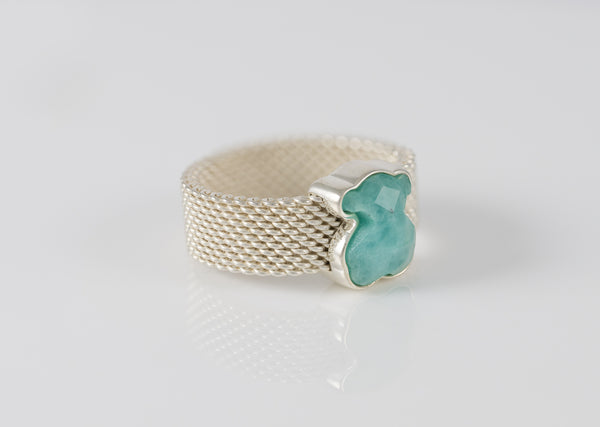 Anillo Tous en plata 925 y amazonita facetada motivo oso Mesh Color