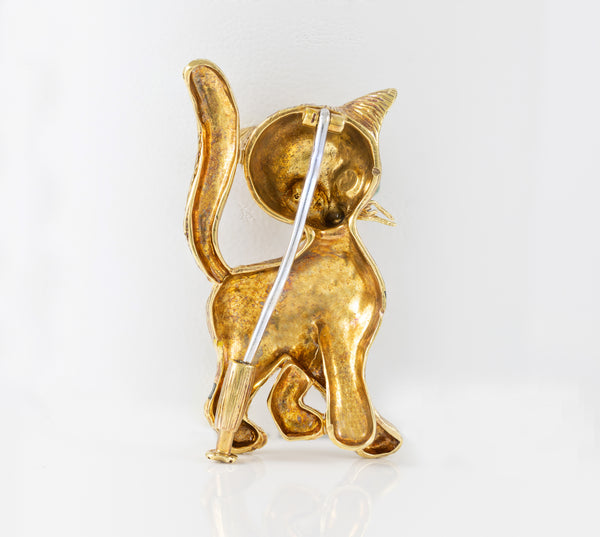 Broche antiguo gato hecho a mano en oro amarillo 18k esmaltado y jade