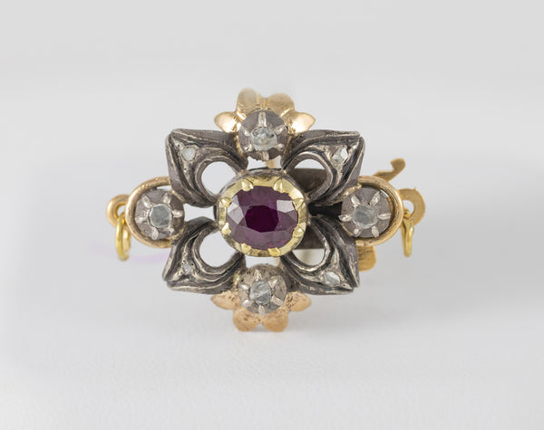 Broche-cierre de collar antiguo en oro amarillo 18k y plata con amatista y diamantes