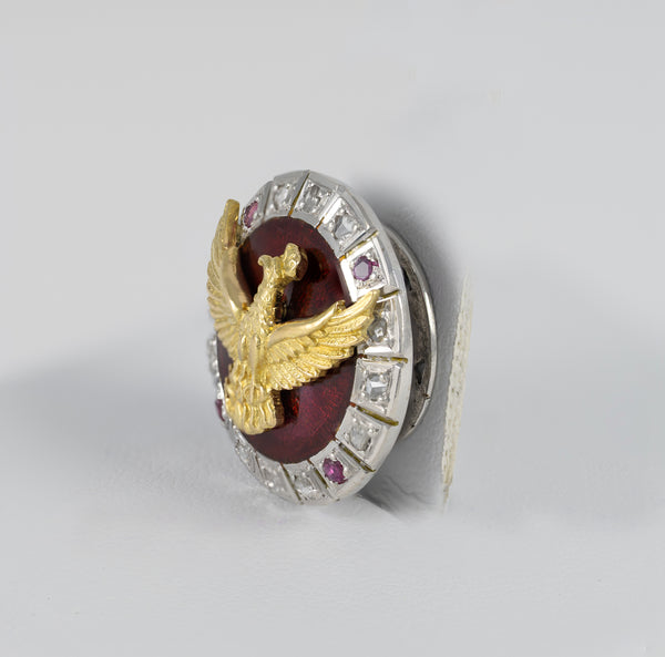 Broche en oro blanco y amarillo 18k con diamantes, rubíes y esmaltado