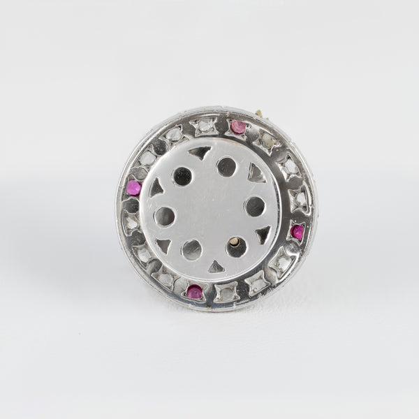 Broche en oro blanco y amarillo 18k con diamantes, rubíes y esmaltado