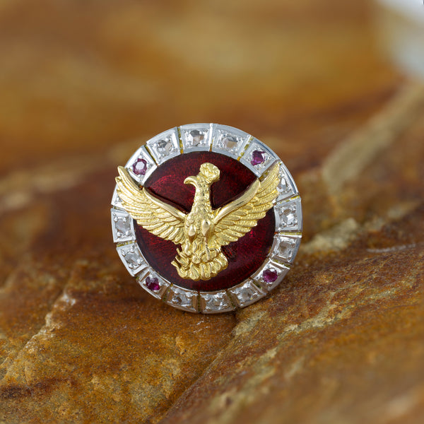 Broche en oro blanco y amarillo 18k con diamantes, rubíes y esmaltado