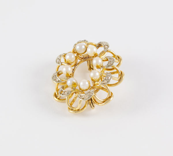 Broche antiguo en oro amarillo 18k con diamantes y perlas