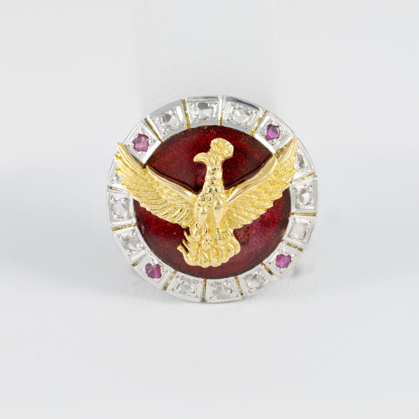 Broche en oro blanco y amarillo 18k con diamantes, rubíes y esmaltado