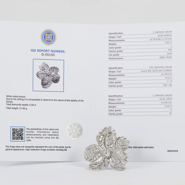 Broche antiguo en oro blanco 18k y diamantes 5.58 ct
