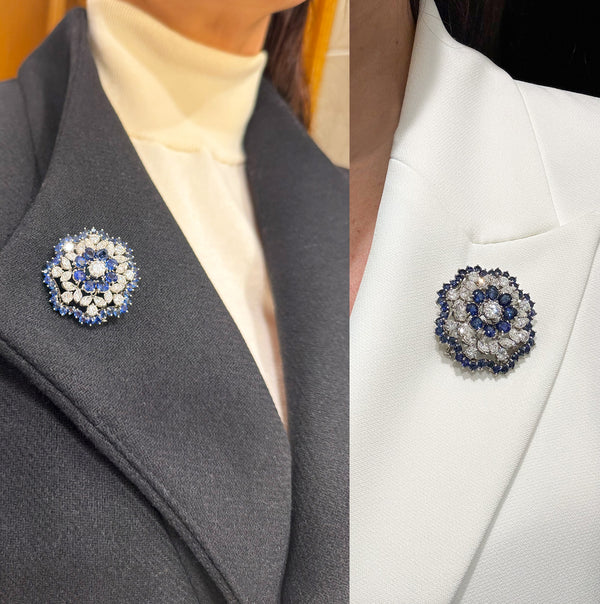 Broche en oro blanco 18k con diamantes 4.56 ct y zafiros 7.84 ct
