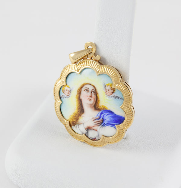 Colgante antiguo de oro amarillo 18k y porcelana esmaltada