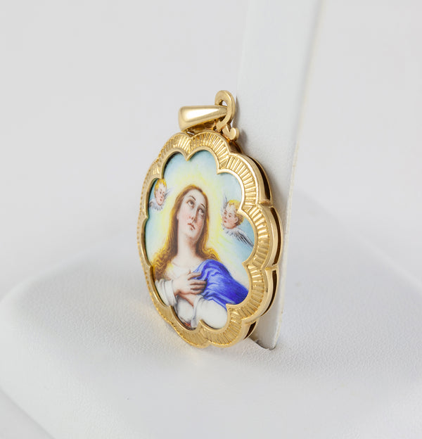 Colgante antiguo de oro amarillo 18k y porcelana esmaltada