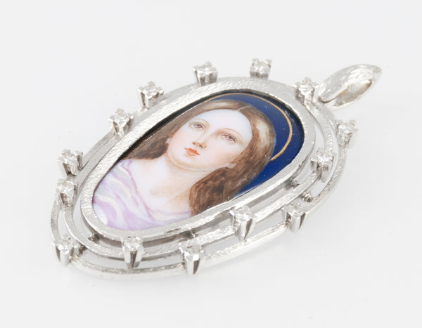Colgante antiguo oro blanco 18k, brillantes y porcelana esmaltada