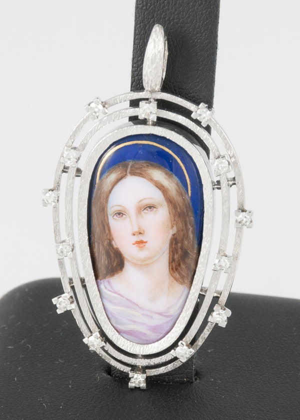 Colgante antiguo oro blanco 18k, brillantes y porcelana esmaltada