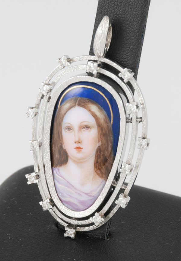 Colgante antiguo oro blanco 18k, brillantes y porcelana esmaltada