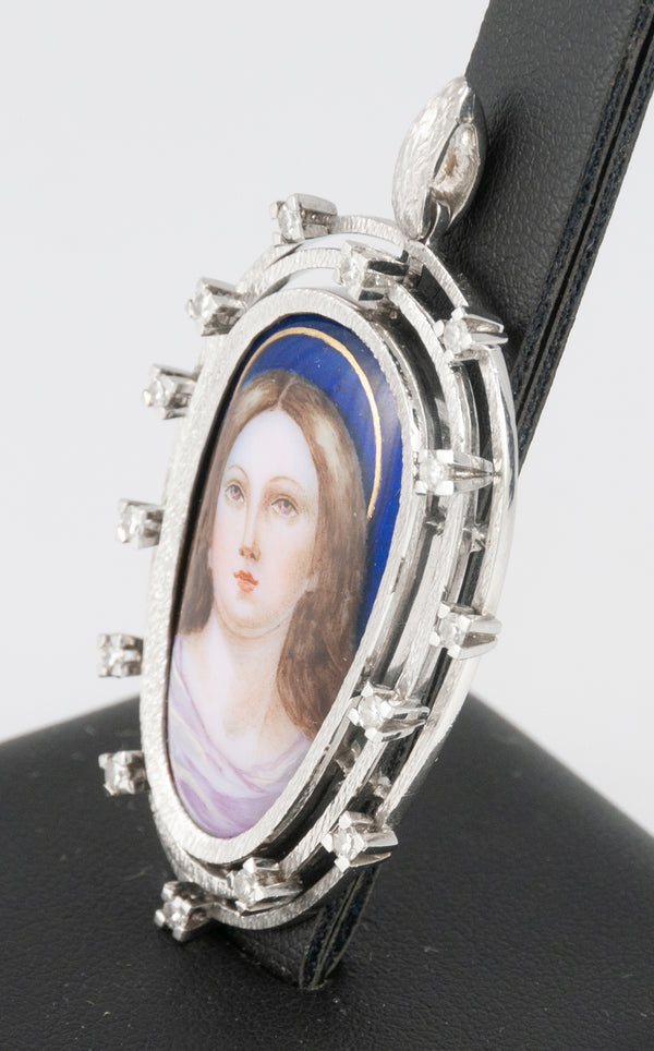 Colgante antiguo oro blanco 18k, brillantes y porcelana esmaltada