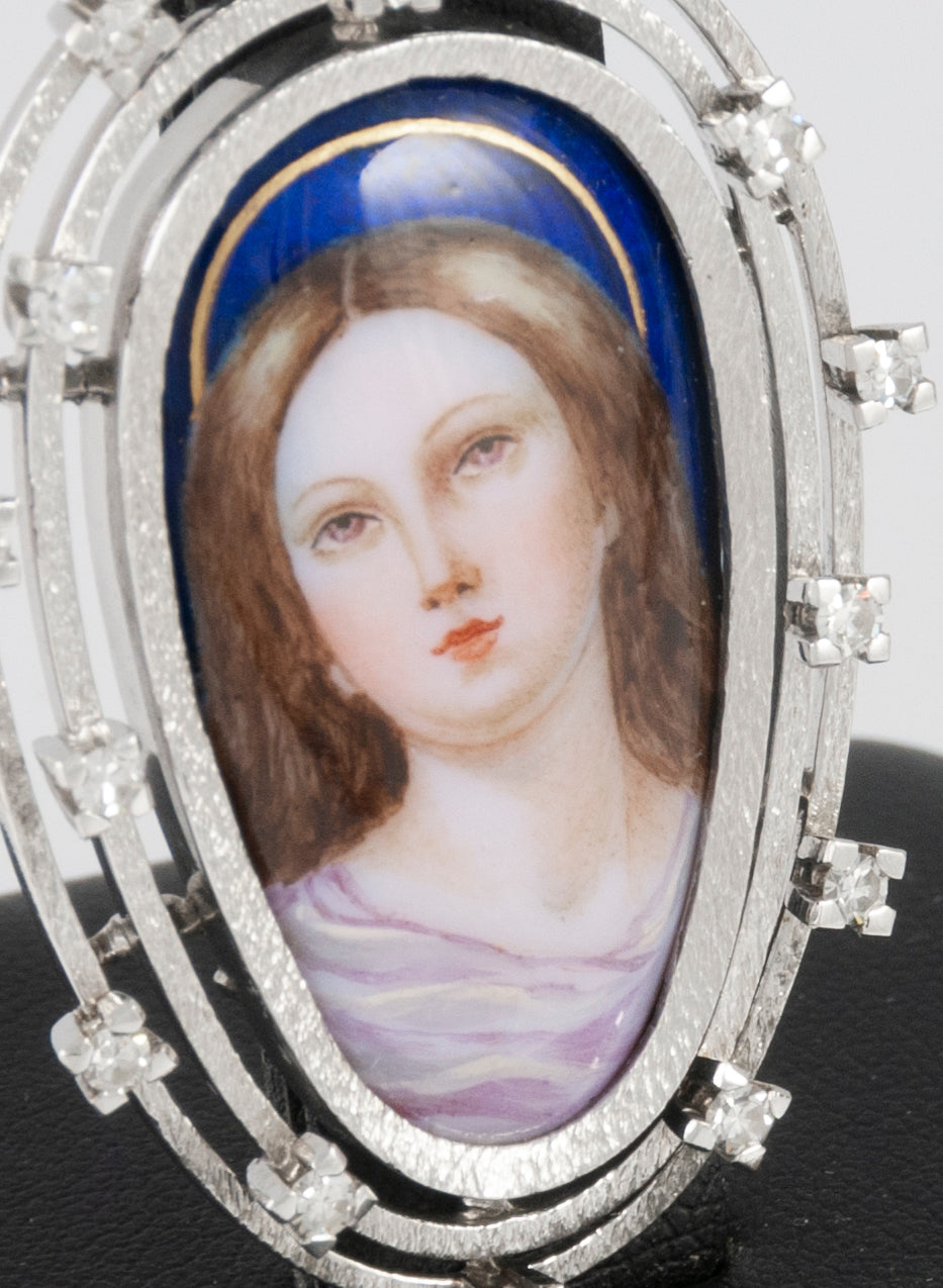 Colgante antiguo oro blanco 18k, brillantes y porcelana esmaltada