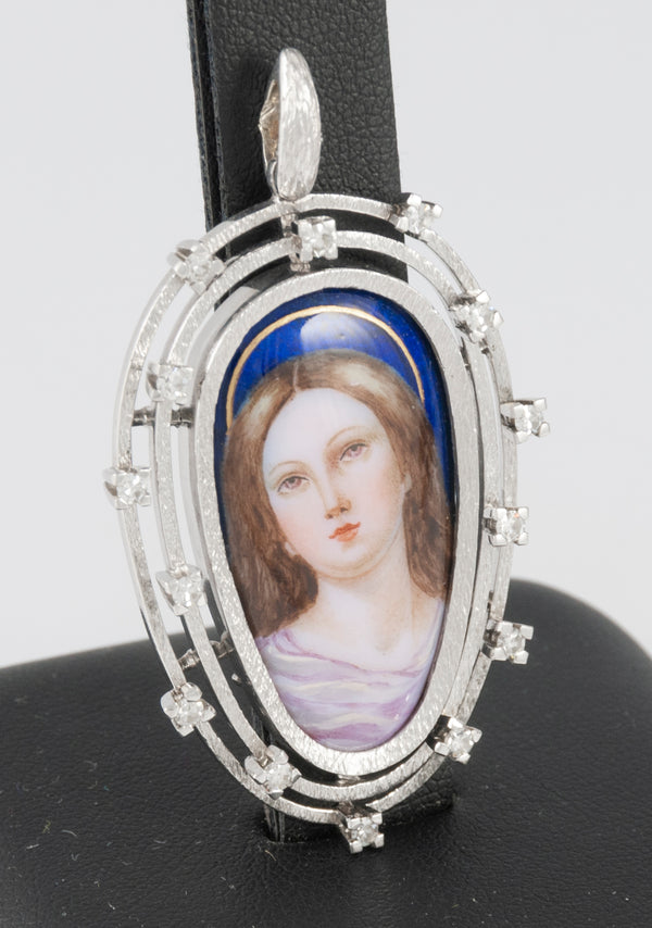 Colgante antiguo oro blanco 18k, brillantes y porcelana esmaltada