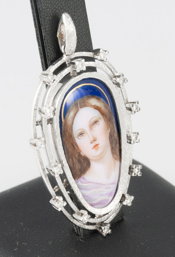 Colgante antiguo oro blanco 18k, brillantes y porcelana esmaltada