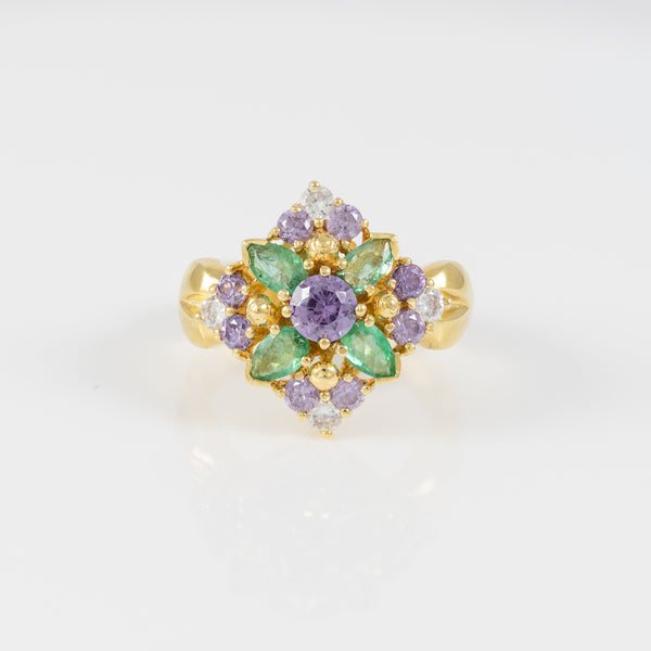 Conjunto Anillo y Pendientes en oro amarillo 18k con esmeraldas, amatistas y brillantes