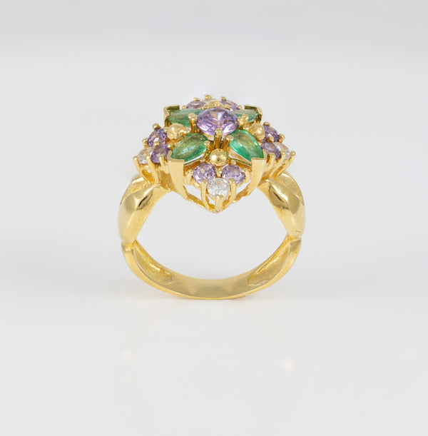 Conjunto Anillo y Pendientes en oro amarillo 18k con esmeraldas, amatistas y brillantes