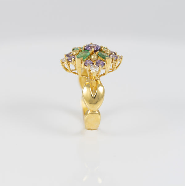 Conjunto Anillo y Pendientes en oro amarillo 18k con esmeraldas, amatistas y brillantes