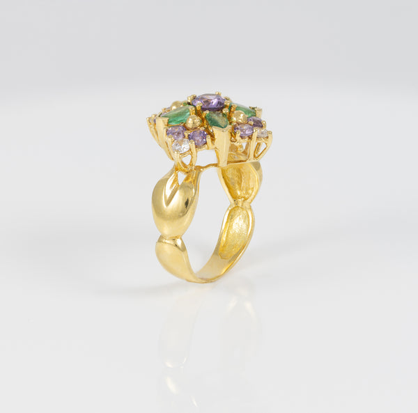 Conjunto Anillo y Pendientes en oro amarillo 18k con esmeraldas, amatistas y brillantes