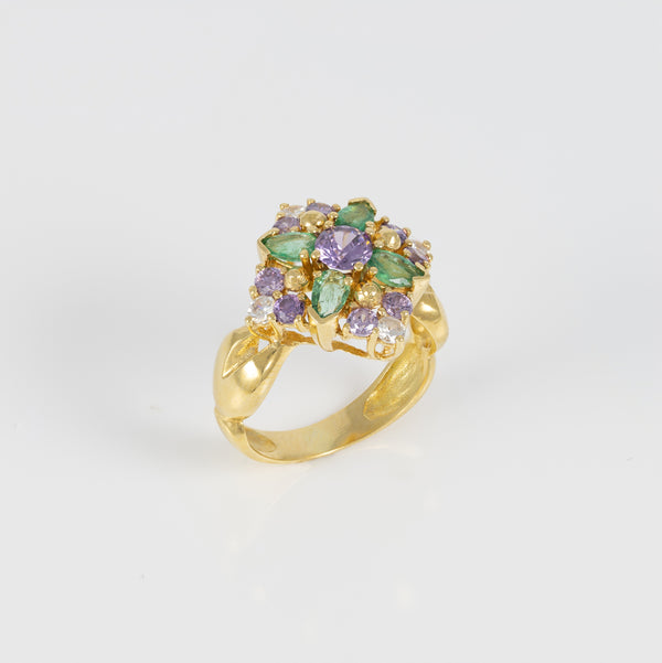 Conjunto Anillo y Pendientes en oro amarillo 18k con esmeraldas, amatistas y brillantes