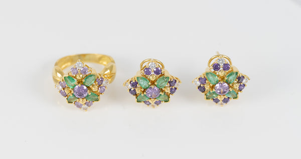 Conjunto Anillo y Pendientes en oro amarillo 18k con esmeraldas, amatistas y brillantes