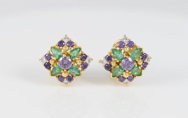 Conjunto Anillo y Pendientes en oro amarillo 18k con esmeraldas, amatistas y brillantes