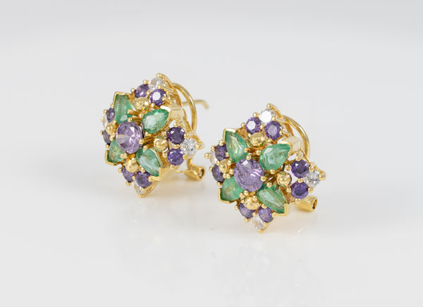 Conjunto Anillo y Pendientes en oro amarillo 18k con esmeraldas, amatistas y brillantes