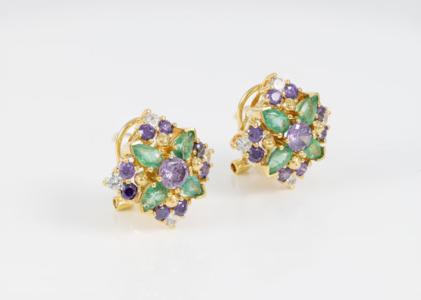 Conjunto Anillo y Pendientes en oro amarillo 18k con esmeraldas, amatistas y brillantes