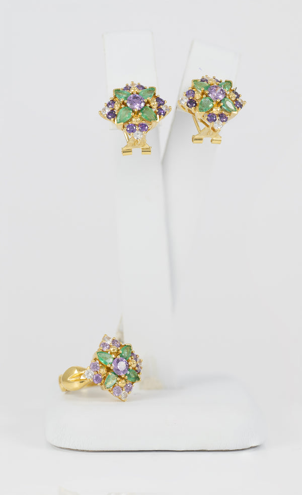 Conjunto Anillo y Pendientes en oro amarillo 18k con esmeraldas, amatistas y brillantes
