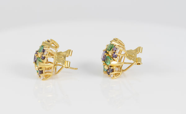 Conjunto Anillo y Pendientes en oro amarillo 18k con esmeraldas, amatistas y brillantes