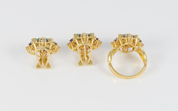 Conjunto Anillo y Pendientes en oro amarillo 18k con esmeraldas, amatistas y brillantes