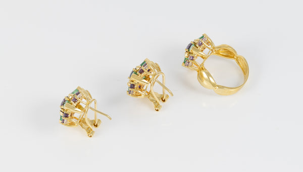 Conjunto Anillo y Pendientes en oro amarillo 18k con esmeraldas, amatistas y brillantes