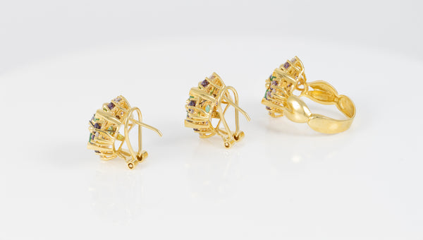 Conjunto Anillo y Pendientes en oro amarillo 18k con esmeraldas, amatistas y brillantes