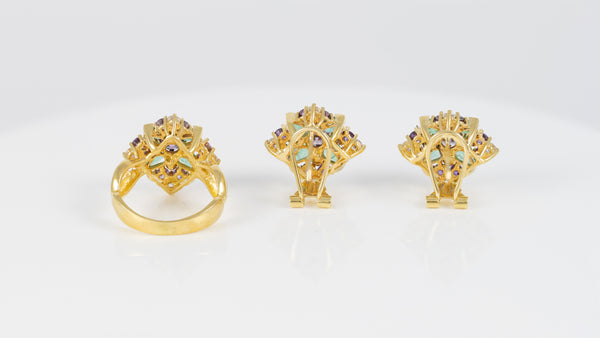 Conjunto Anillo y Pendientes en oro amarillo 18k con esmeraldas, amatistas y brillantes