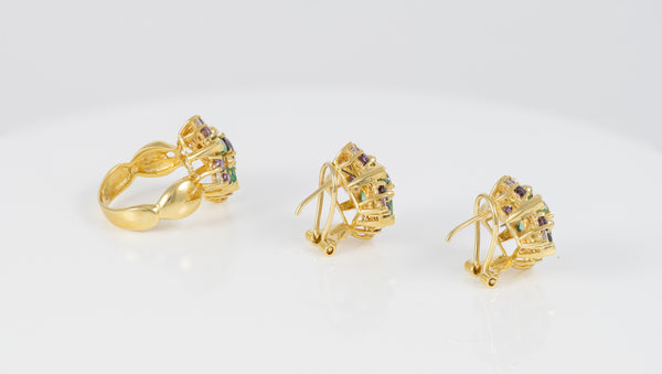 Conjunto Anillo y Pendientes en oro amarillo 18k con esmeraldas, amatistas y brillantes