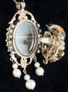 Conjunto antiguo broche colgante y pendientes en oro 14k con turquesas, perlas y rubíes